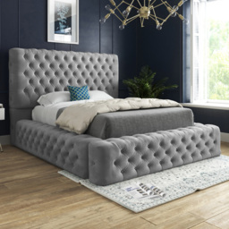 Grand Milan Grey King Size Upholstered Bed Frame with Pleated Chesterfield Headboard