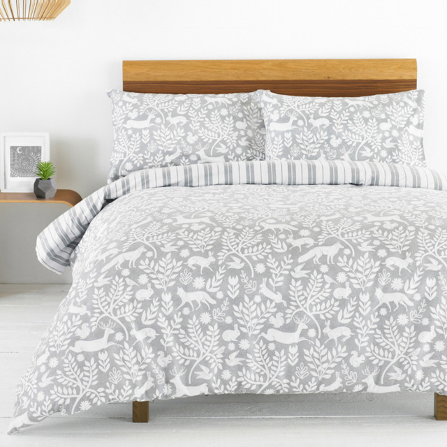 furn. Skandi Super King Size Grey Woodland Brushed Cotton Duvet Cover Set - image 1