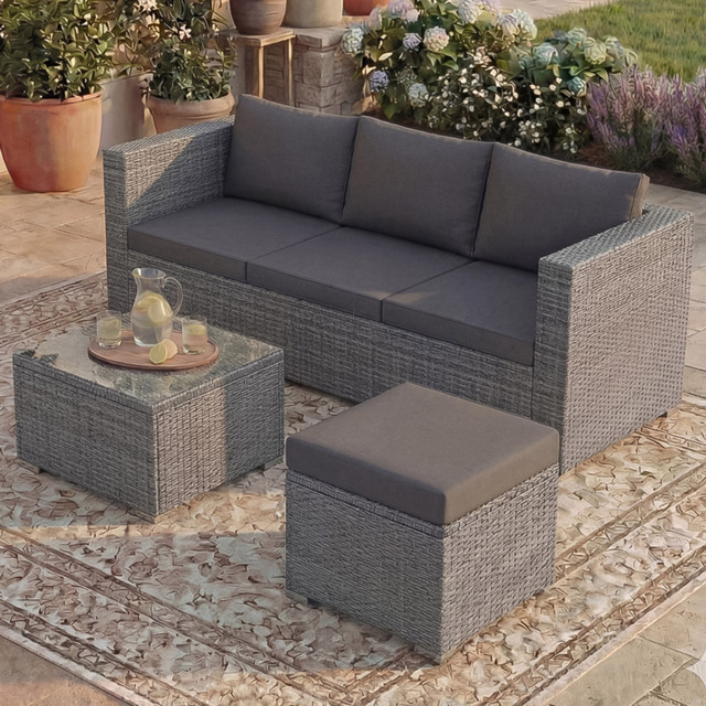 Garden Vida Hampton 4 Seater Grey Rattan Corner Lounge Set - image 1