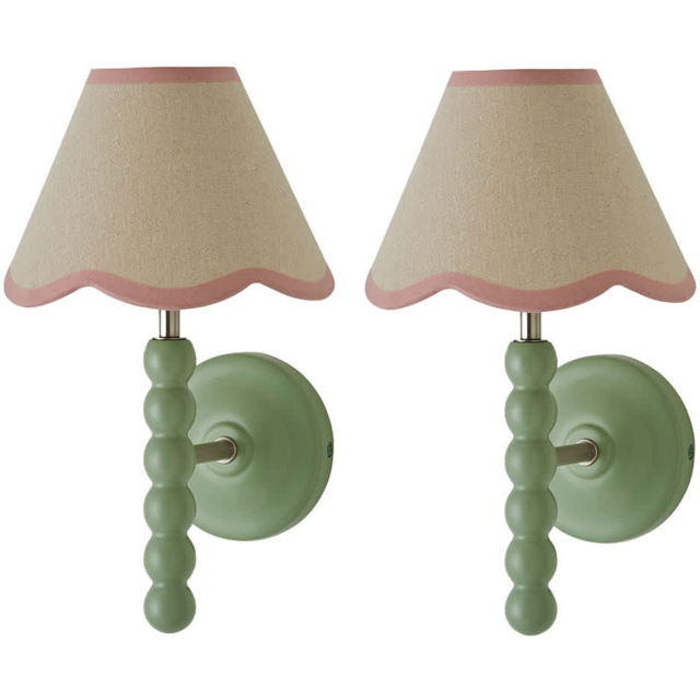 ValueLights Green Bobbin Wall Light with Pink Trim Scallop Shade and Bulb 2 Pack - image 1
