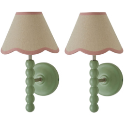 ValueLights Green Bobbin Wall Light with Pink Trim Scallop Shade and Bulb 2 Pack