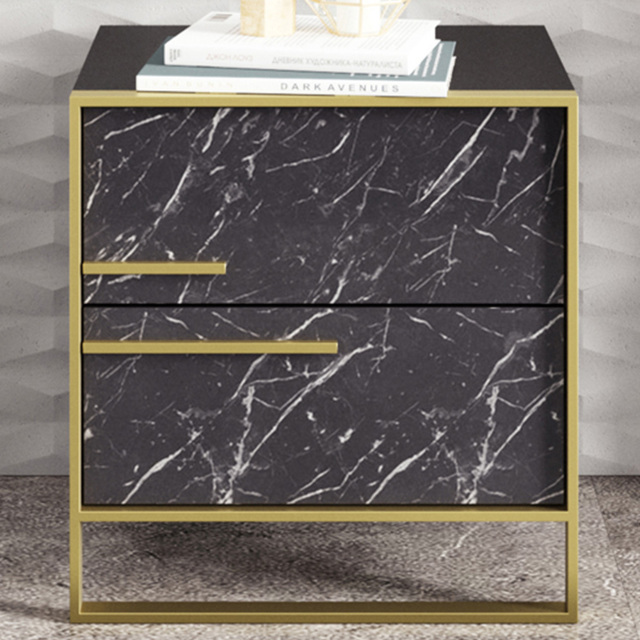 Decorotika Polka 2 Drawer Black Marble Effect and Gold Bedside Table - image 1