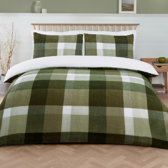 Green Single Teddy Fleece Check Duvet Set - image 1