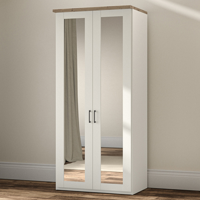 Homebase Truro Boak and White 2 Door Mirrored Hinged Wardrobe with Slate Handles - image 1