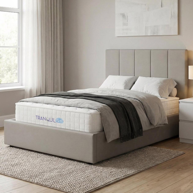 FWStyle Hoscar Beige Double Upholstered Lift-Up Ottoman Bed Frame with Ribbed Headboard