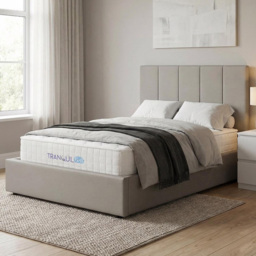 FWStyle Hoscar Beige Double Upholstered Lift-Up Ottoman Bed Frame with Ribbed Headboard
