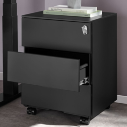 tectake Magna Black 3 Drawer Powder Coated Steel Chest of Drawers with Wheels - thumbnail 1