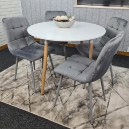 Portland 4 Seater Round Wood Velvet Dining Set White and Grey