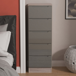 Crowndale Milan Grey Gloss and Grey Oak 5 Drawer Tall Bedside Cabinet Ready Assembled