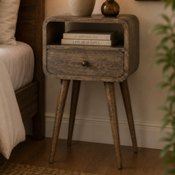 Artisan Furniture Grey Wash Single Drawer Single Shelf Solid Wood Mini Curve Open Bedside Table - thumbnail 1