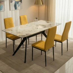 Indoor Living Emily 4 Seater Leather Marble Top Dining Set Mustard
