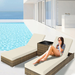 tectake Set of 2 Natural Aluminium Sun Lounger with Side Table and Rain Cover