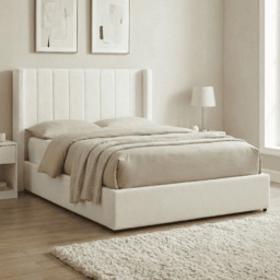Home Source Alix White Boucle King Size Lift-Up Ottoman Bed with Fluted Headboard