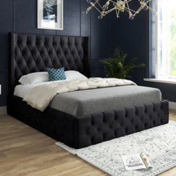 Turin Super King Size Black Soft Velvet Upholstered Bed Frame with Straight Winged Headboard