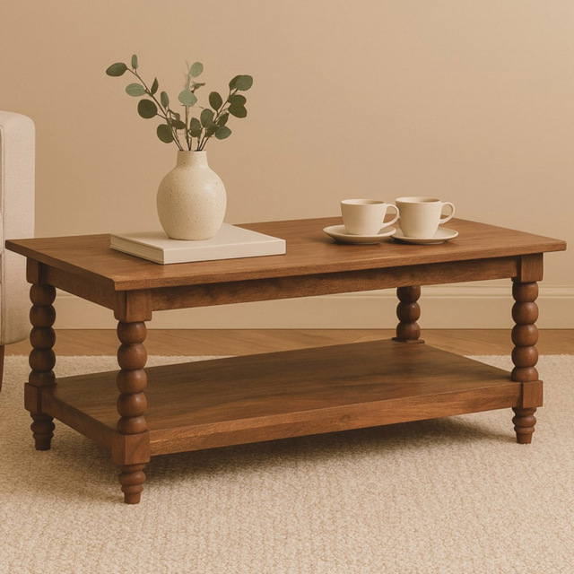 Artisan Furniture Golden Teak Single Shelf Mango Wood Spindle-Shaped Legs Coffee Table - image 1