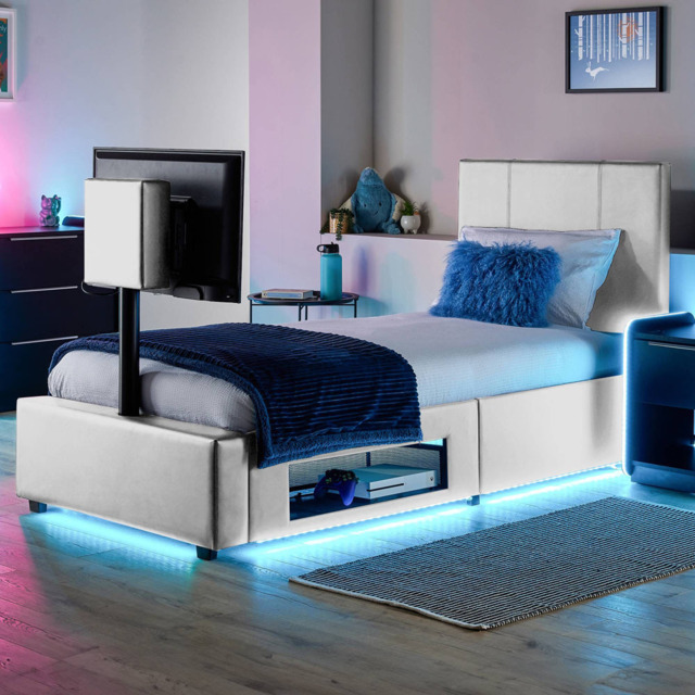 XR Living Ava White Single PU Upholstered TV Bed with Underbed Lights - image 1