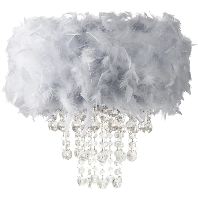 Happy Homewares Grey Feather Drum Ceiling Pendant Shade with Clear Acrylic Droplets - image 1