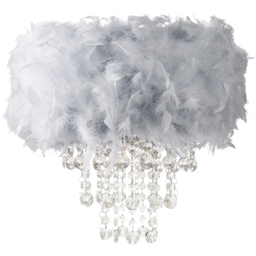 Happy Homewares Grey Feather Drum Ceiling Pendant Shade with Clear Acrylic Droplets
