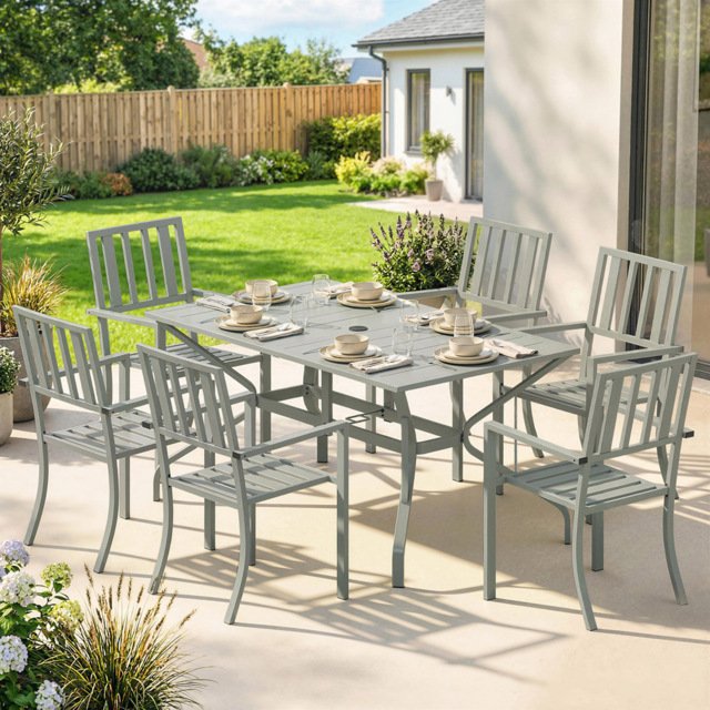 Outsunny Light Grey 6 Seater Patio Stackable Dining Set with Umbrella Hole - image 1