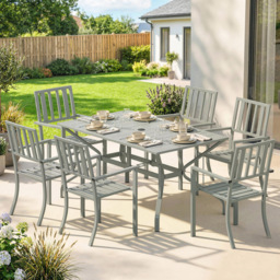 Outsunny Light Grey 6 Seater Patio Stackable Dining Set with Umbrella Hole - thumbnail 1