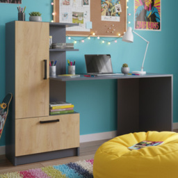 Shefa Arden Single Door Single Drawer 2 Shelf Computer Desk Anthracite and Gold Craft Oak
