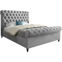 Sienna Small Single Grey Soft Velvet Upholstered Sleigh Bed Frame with Scrolled Headboard - thumbnail 2