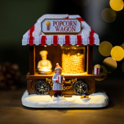 Marco Paul Wooden Musical Popcorn Wagon Village Scene LED Light Up Christmas Decoration 13.8cm - thumbnail 2