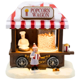 Marco Paul Wooden Musical Popcorn Wagon Village Scene LED Light Up Christmas Decoration 13.8cm - thumbnail 1