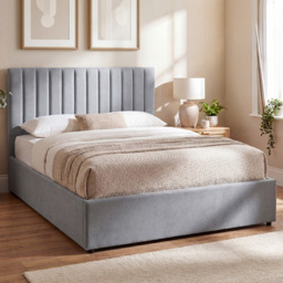 VIDA DESIGNS Vellaro Light Grey Linen Fabric King Size Ottoman Bed with Headboard