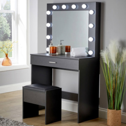 Home Source Ella Black LED Light Mirrored Dressing Table with Stool - thumbnail 1
