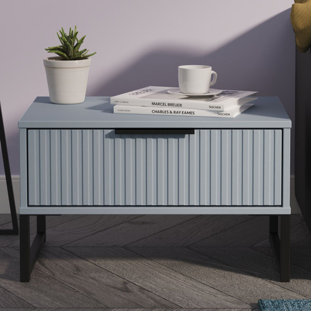 Crowndale Fluted Single Drawer Denim Blue Wide Side Table Ready Assembled - image 1