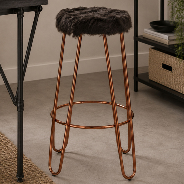 Premier Housewares District Black Faux Fur Bar Stool with Rose Gold Hairpin Legs - image 1