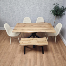 Portland Cream Gem Pattern Wooden Tabletop 6 Seater Dining Bench Set - thumbnail 3