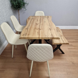 Portland Cream Gem Pattern Wooden Tabletop 6 Seater Dining Bench Set - thumbnail 4