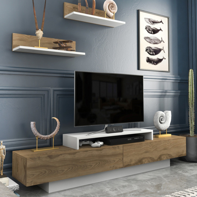 Decorotika Lusi White and Oud 2 Door Single Shelf TV Unit with 2 Floating Wall Shelf - image 1