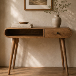 Artisan Furniture Oak-ish Single Drawer Single Shelf Solid Wood Curved Writing Desk