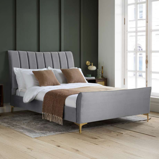 Clover Small Double Grey Velvet Bed - image 1