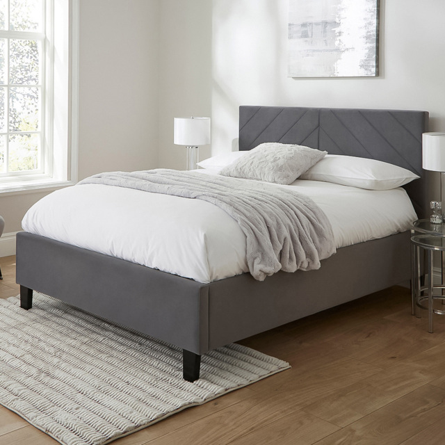 GFW Thea Grey Double Velvet End Lift Ottoman Bed with Chevron Headboard - image 1