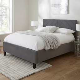 GFW Thea Grey Double Velvet End Lift Ottoman Bed with Chevron Headboard