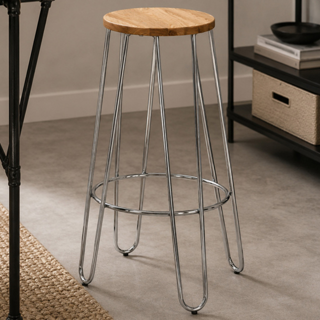 Premier Housewares District Chrome Wooden Stool with Hairpin Legs - image 1