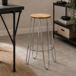 Premier Housewares District Chrome Wooden Stool with Hairpin Legs - thumbnail 4