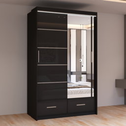 Sliding Wardrobes 4U Sycylia Black 2 Door 2 Drawer High Gloss Mirror Wardrobe
