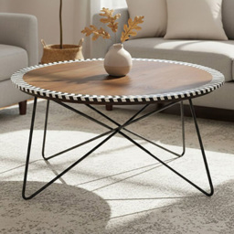 Premier Housewares Artisan Acacia Wood Round Coffee Table with Mosaic Edge