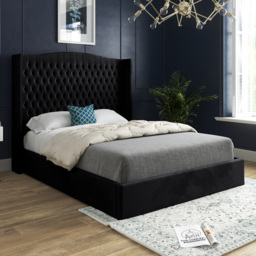 Rana Single Black Soft Velvet Upholstered Bed Frame with Curved Top Winged Headboard