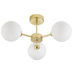 Happy Homewares Polished Gold 3 Arm Ceiling Light with Opal White Globe Glass Shades