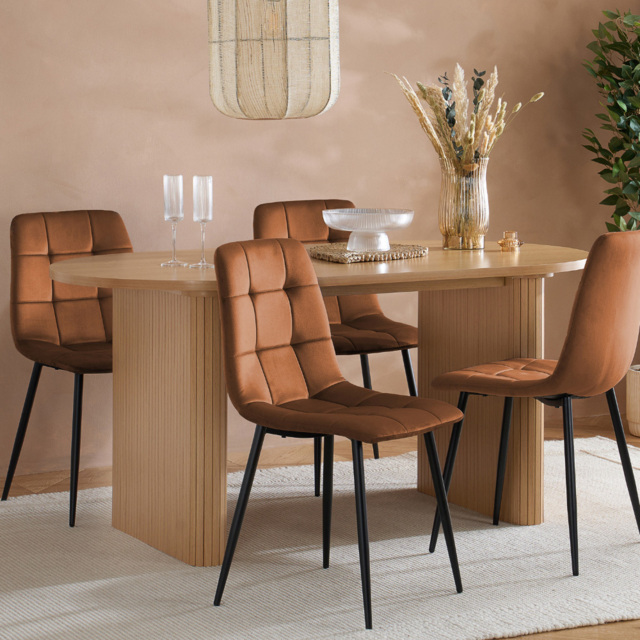 Axel 4 Seater Oval Fluted Dining Set Oak and Russet Fabric - image 1