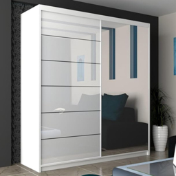 M N Furniture Inovo 2 Door White High Gloss Mirrored Sliding Wardrobe 180cm