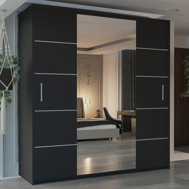M N Furniture Osaka 2 Door Black Mirrored Panel Sliding Wardrobe 120cm - image 1