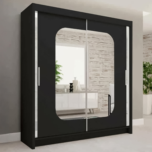 Sliding Wardrobes 4U Marika Black 2 Door Mirror Wardrobe with Shelves and Hanging Rails - image 1