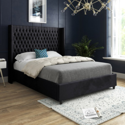 Volta Small Double Black Soft Velvet Upholstered Bed Frame with Straight Winged Headboard